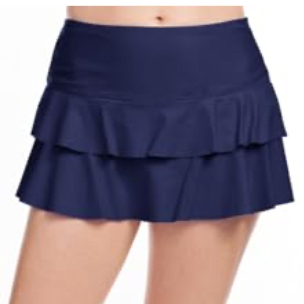 Mazu Swim Navy Blue Tiered Ruffle Swim Skirt Attached Brief Ruched Waistband 2X